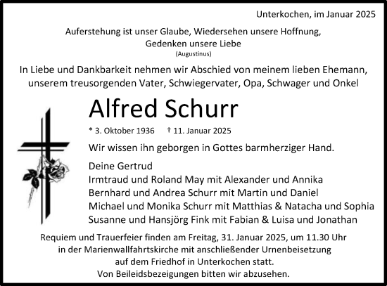 Traueranzeige von Alfred Schurr von Schwäbische Post