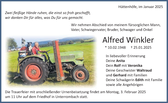 Traueranzeige von Alfred Winkler von Schwäbische Post