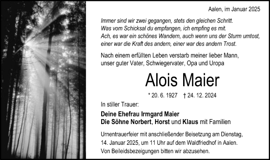 Traueranzeige von Alois Maier von Schwäbische Post