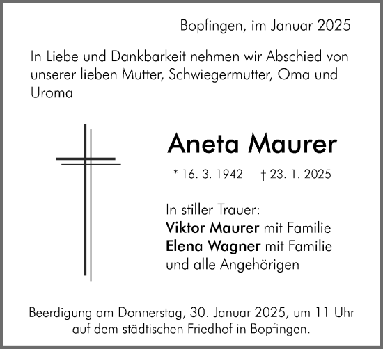 Traueranzeige von Aneta Maurer von Schwäbische Post