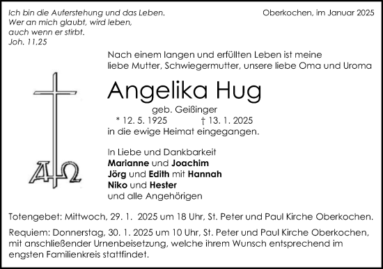 Traueranzeige von Angelika Hug von Schwäbische Post