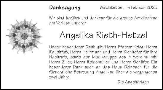 Traueranzeige von Angelika Rieth-Hetzel von Gmünder Tagespost