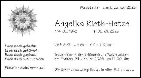 Traueranzeige von Angelika Rieth-Hetzel von Gmünder Tagespost