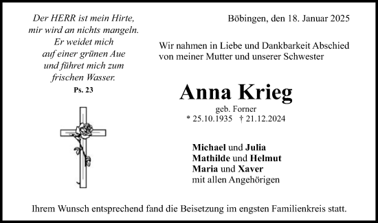 Traueranzeige von Anna Krieg von Gmünder Tagespost