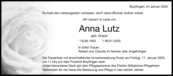 Traueranzeige von Anna Lutz von Schwäbische Post