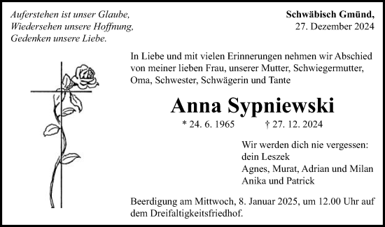 Traueranzeige von Anna Sypniewski von Gmünder Tagespost