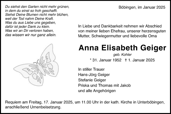 Traueranzeige von Anna Elisabeth Geiger von Gmünder Tagespost