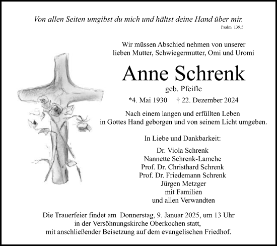 Traueranzeige von Anne Schrenk von Schwäbische Post