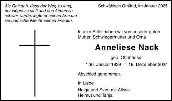 Traueranzeige von Anneliese Nack von Gmünder Tagespost