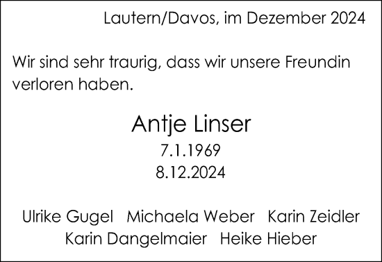 Traueranzeige von Antje Linser von Gmünder Tagespost