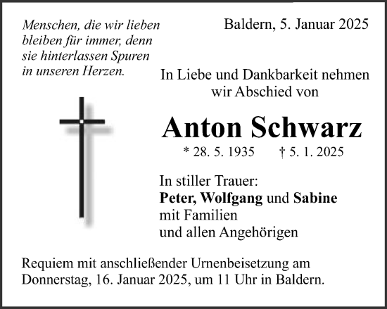 Traueranzeige von Anton Schwarz von Schwäbische Post