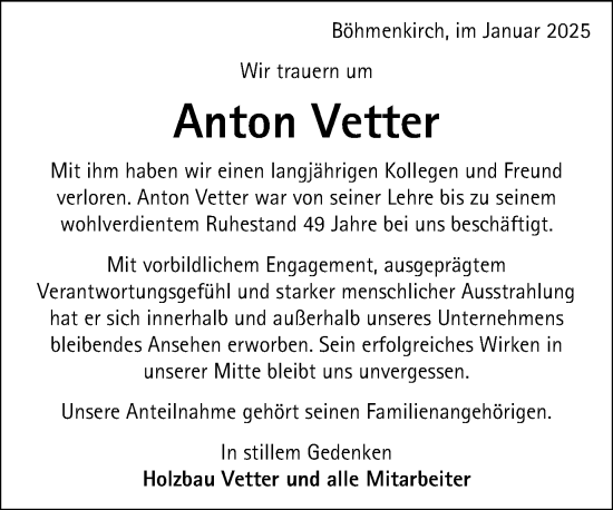 Traueranzeige von Anton Vetter von Gmünder Tagespost