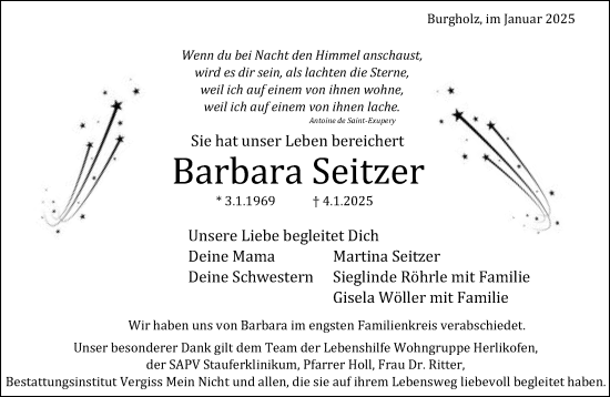 Traueranzeige von Barbara Seitzer von Gmünder Tagespost