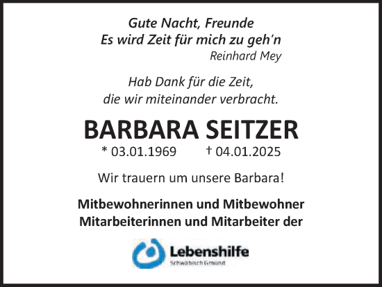 Traueranzeige von Barbara Seitzer von Gmünder Tagespost