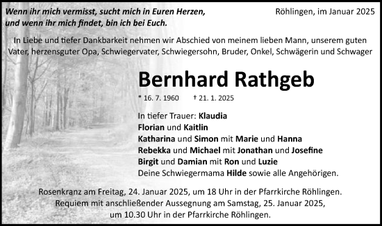 Traueranzeige von Bernhard Rathgeb von Schwäbische Post