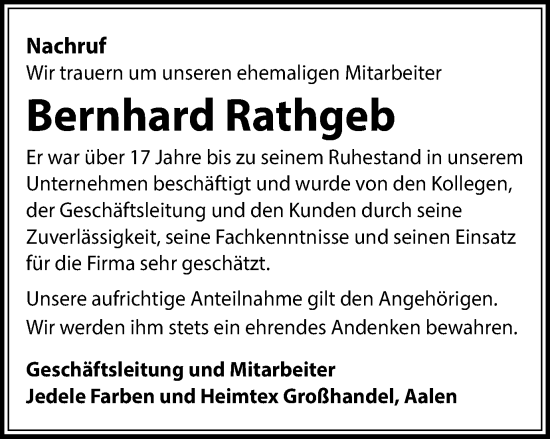 Traueranzeige von Bernhard Rathgeb von Schwäbische Post