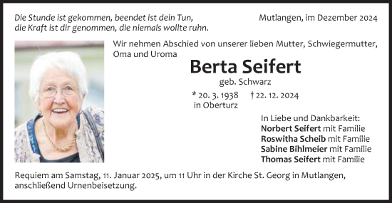 Traueranzeige von Berta Seifert von Gmünder Tagespost