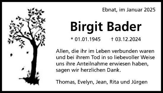 Traueranzeige von Birgit Bader von Schwäbische Post