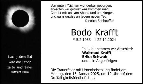 Traueranzeige von Bodo Krafft von Gmünder Tagespost