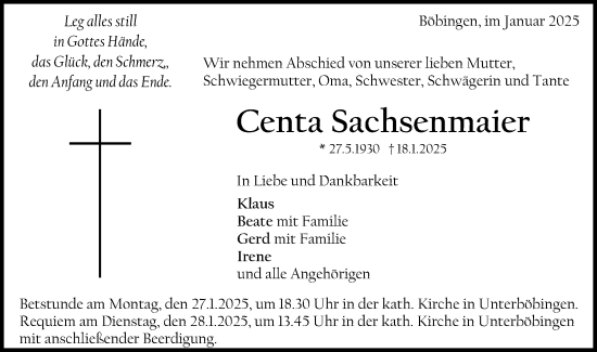 Traueranzeige von Centa Sachsenmaier von Gmünder Tagespost