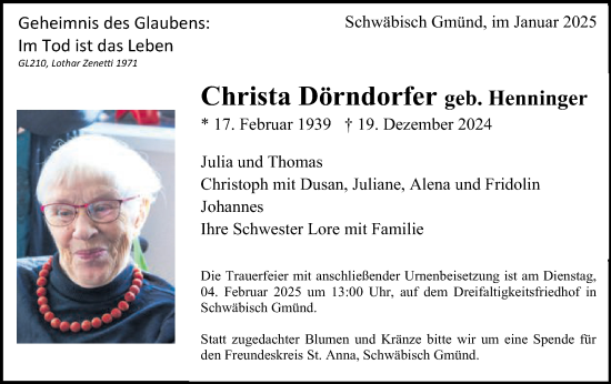Traueranzeige von Christa Dörndorfer von Schwäbische Post