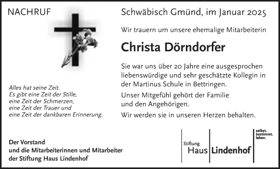 Traueranzeige von Christa Dörndorfer von Gmünder Tagespost
