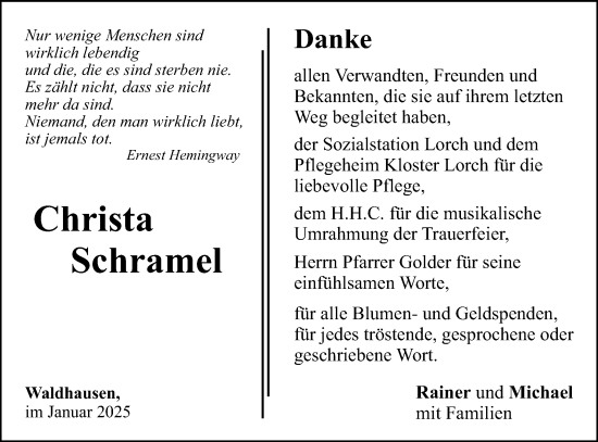 Traueranzeige von Christa Schramel von Gmünder Tagespost