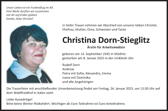 Traueranzeige von Christina Dorn-Stieglitz von Schwäbische Post