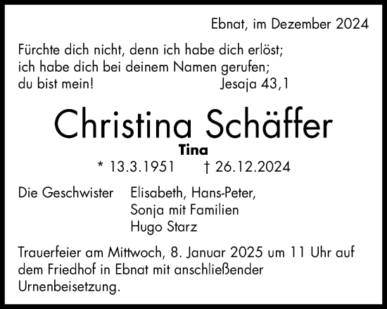 Traueranzeige von Christina Schäffer von Schwäbische Post