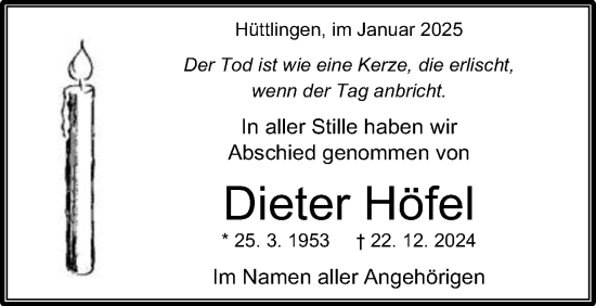 Traueranzeige von Dieter Höfel von Schwäbische Post