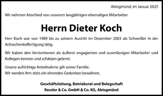 Traueranzeige von Dieter Koch von Schwäbische Post