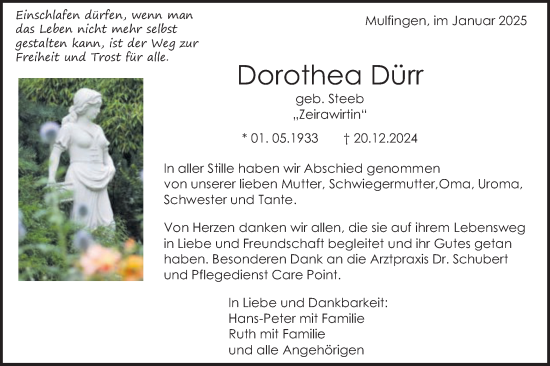 Traueranzeige von Dorothea Dürr von Gmünder Tagespost