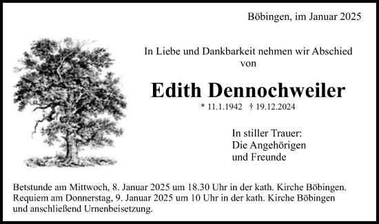 Traueranzeige von Edith Dennochweiler von Gmünder Tagespost