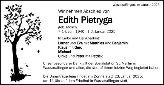 Traueranzeige von Edith Pietryga von Schwäbische Post