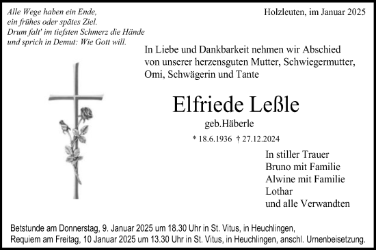 Traueranzeige von Elfriede Leßle von Schwäbische Post