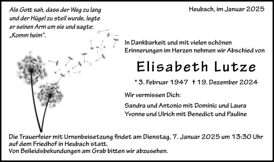 Traueranzeige von Elisabeth Lutze von Gmünder Tagespost