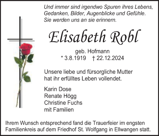 Traueranzeige von Elisabeth Robl von Schwäbische Post