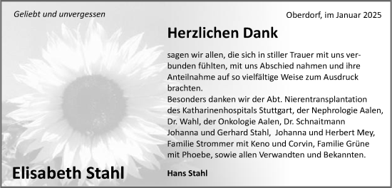 Traueranzeige von Elisabeth Stahl von Schwäbische Post