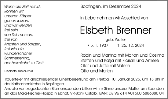 Traueranzeige von Elsbeth Brenner von Schwäbische Post