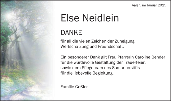 Traueranzeige von Else Neidlein von Schwäbische Post
