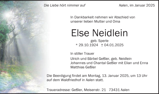 Traueranzeige von Else Neidlein von Schwäbische Post