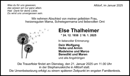 Traueranzeige von Else Thalheimer von Gmünder Tagespost