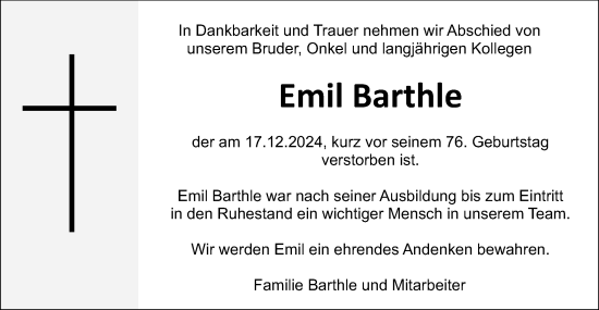 Traueranzeige von Emil Barthle von Gmünder Tagespost