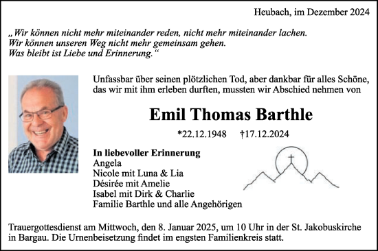 Traueranzeige von Emil Thomas Barthle von Gmünder Tagespost