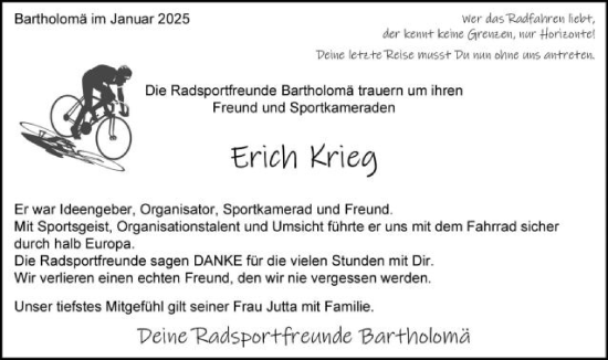 Traueranzeige von Erich Krieg von Gmünder Tagespost