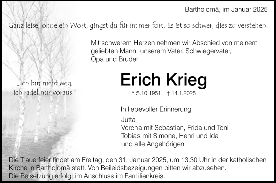 Traueranzeige von Erich Krieg von Gmünder Tagespost