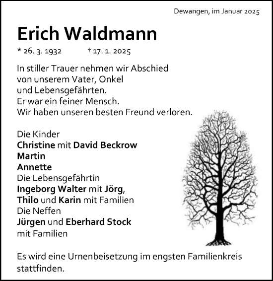Traueranzeige von Erich Waldmann von Schwäbische Post