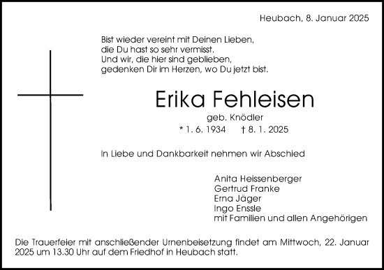 Traueranzeige von Erika Fehleisen von Gmünder Tagespost