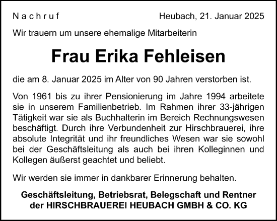Traueranzeige von Erika Fehleisen von Gmünder Tagespost