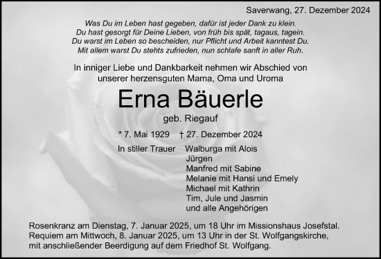 Traueranzeige von Erna Bäuerle von Schwäbische Post